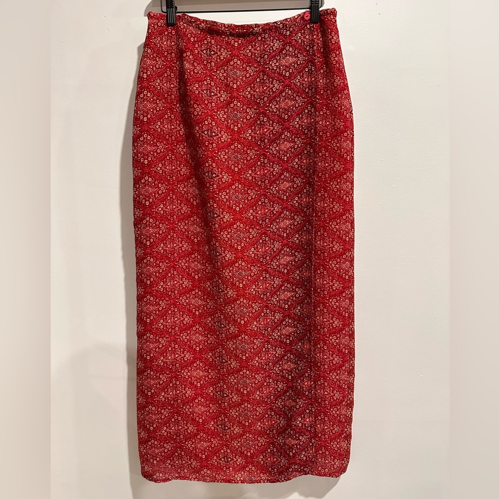 OPTION & CO Vintage‎ Red Floral Wrap Maxi Skirt Size L